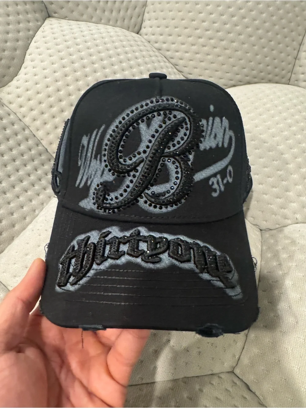 Black Rhinestones Embellished Adjustable Baseball Cap